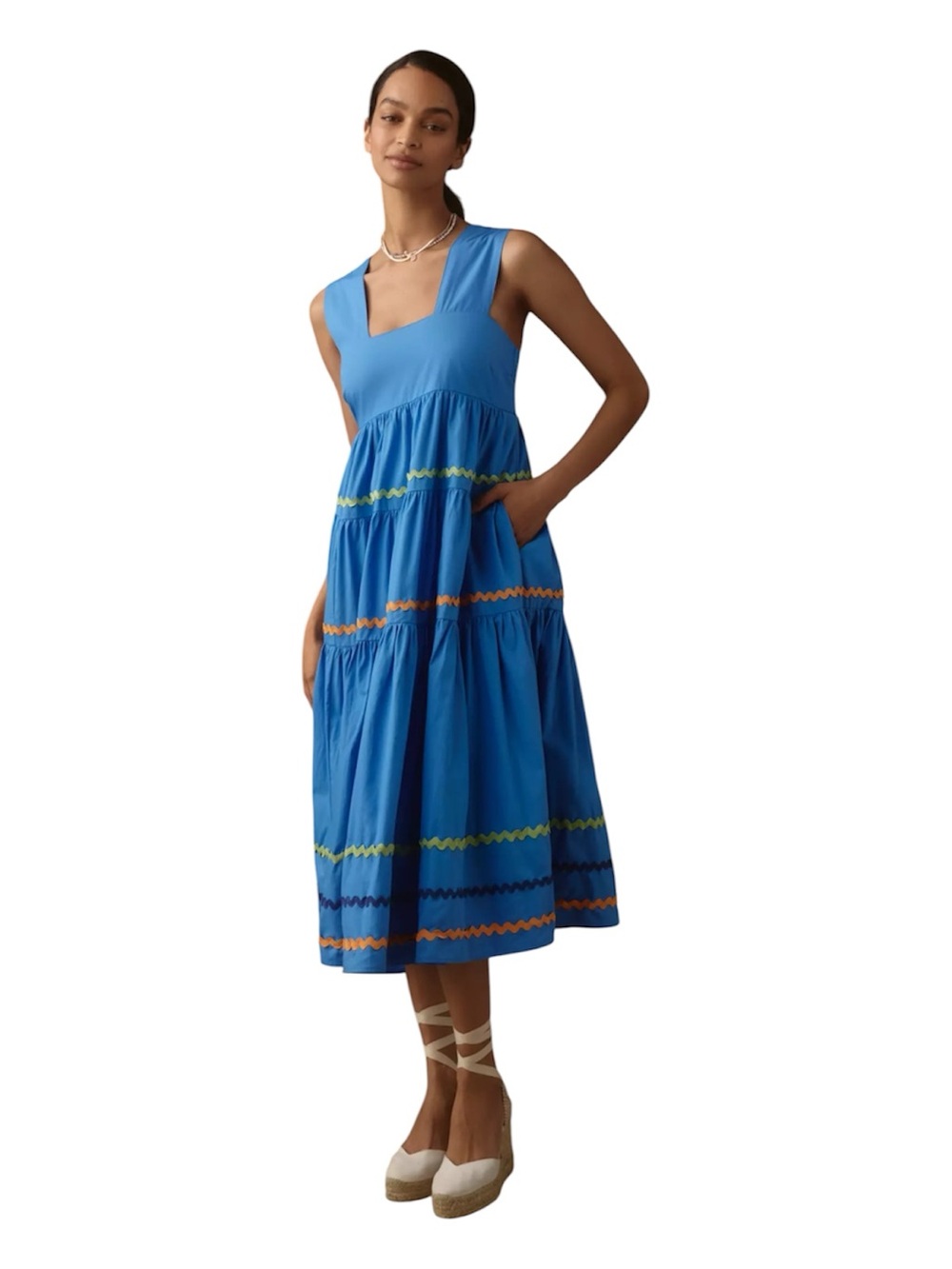 Anthropologie Helena Blue Tiered Midi Dress with Contrast Trim